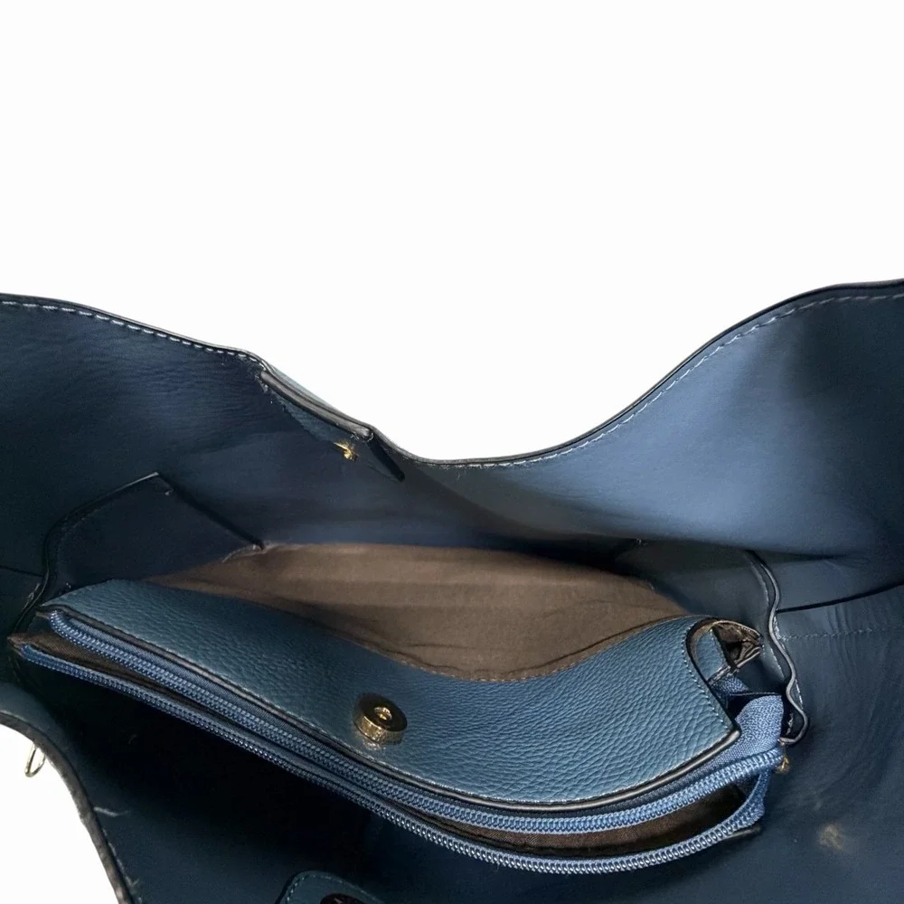 Blue Pebbled Faux Leather Hobo Tote Bag Slouch‎ Shoulder Bag